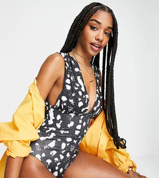 ASOS DESIGN Tall gathered plunge swimsuit in mono spot print