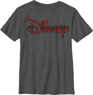 Boy's Disney Red and Green Plaid Logo T-Shirt - Charcoal Heather - Medium