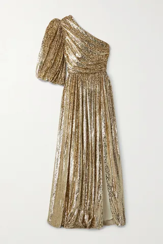 Costarellos - One-shoulder Metallic Fil Coupé Voile Gown - Gold
