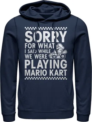 Men's Nintendo Sorry For What I Said Playing Mario Kart Pull Over Hoodie - Navy Blue - Large