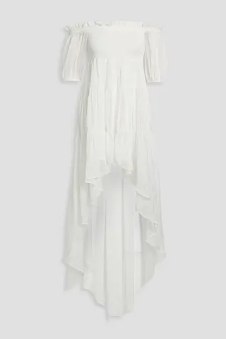 Dora off-the-shoulder shirred silk-chiffon mini dress