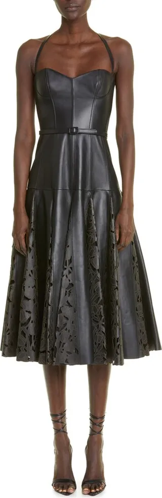 Tulip Belted Laser Cutout Godet Lambskin Leather Dress