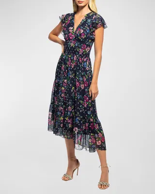 Smocked Floral-Print Flutter-Sleeve Midi Dress