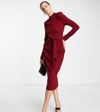 ASOS DESIGN Tall long sleeve midi dress with obi belt in red