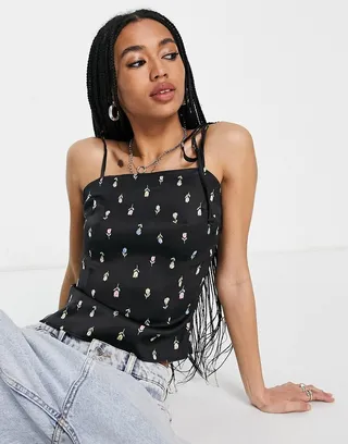 Topshop ditsy slim fit satin cami top in black - part of a set