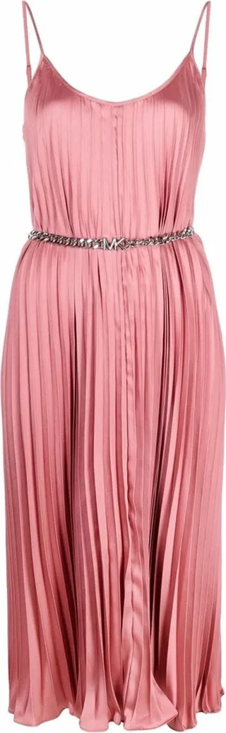 Logo-Belt Pleated Satin Midi Dress