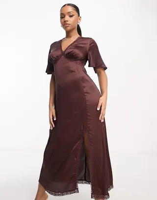 Influence flutter sleeve v neck midi dress with lace trim in chocolate brown