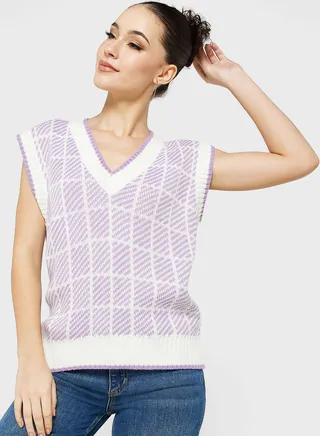 Checkered Intarsia Vest Style Sweater