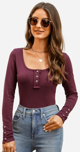 Women's Button Front Ribbed Henley Tee - Cupshe-XL-Red