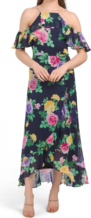 Ruffle Cold Shoulder Halter Hi-lo Hem Dress
