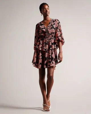 Poppy Print Tie Front Mini Dress in Black