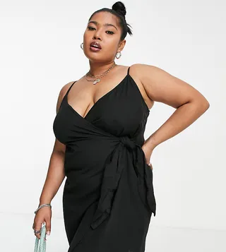 ASOS DESIGN Curve wrap cami tie side linen mini sundress in black