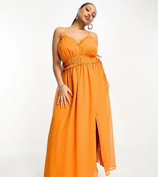 ASOS DESIGN Curve elastic frill waist midi slip dress in orange texture