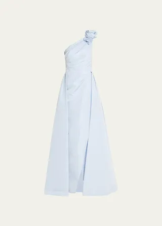 One-Shoulder Pleated Taffeta Gown