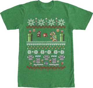 Men's Nintendo Ugly Christmas Mario and Bowser T-Shirt - Kelly Heather - Large