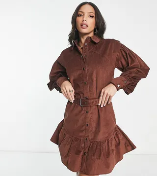 ASOS DESIGN Tall cord mini shirt dress with buckle in brown