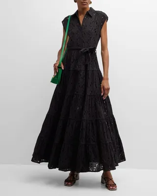 Lacroix Tiered Cap-Sleeve Eyelet Maxi Dress