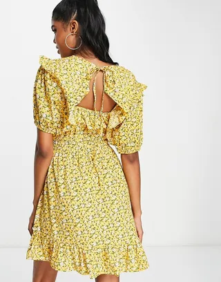 In The Style x Jac Jossa volume sleeve mini tea dress in yellow floral print