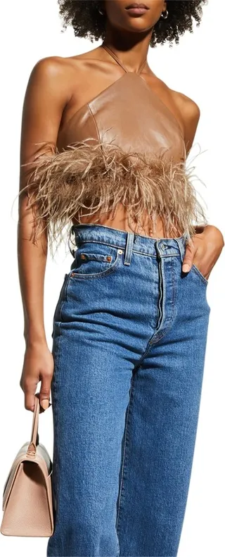 Aissa Leather Ostrich-Hem Halter Top