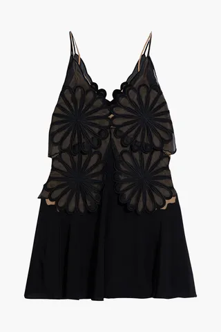Floral-appliquéd organza-paneled silk crepe de chine dress