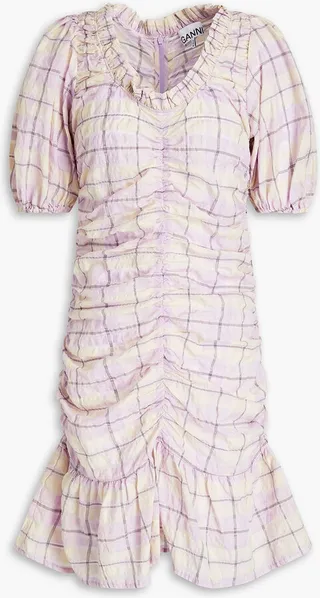 Ruched checked cotton-blend seersucker dress