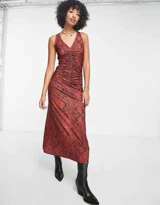 ASOS DESIGN sleeveless midi dress with ruching in rust snake print