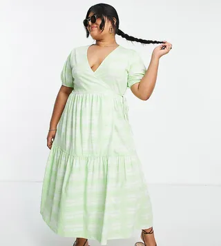 ASOS DESIGN Curve tiered midi wrap dress with puff sleeve in green check