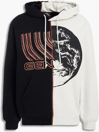 Printed color-block French cotton-terry hoodie