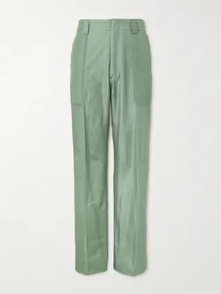 Straight-Leg Padded Pleated Silk Trousers