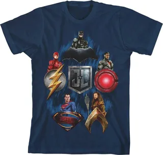 Justice League Movie Heroes and Emblems Boy’s Navy T-shirt-L
