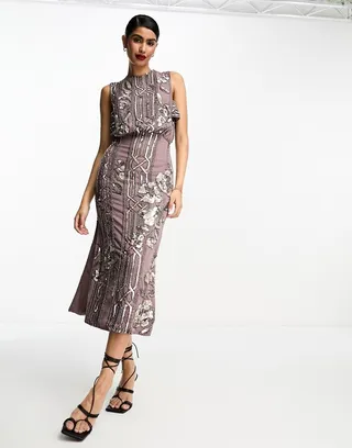 ASOS DESIGN floral geo embellished maxi dress with cold shoulder detail in mauve