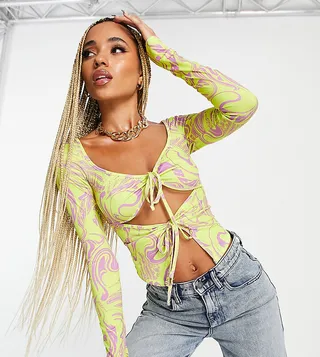 ASYOU tie detail split hem top in swirl print