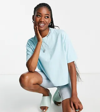 Quiksilver Boyfriend cropped logo t-shirt in blue Exclusive at ASOS
