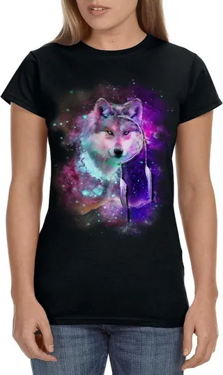 Dreamcatcher Wolf Space Fantasy Womens Shirt Black Galaxy Universe Tee Small Black