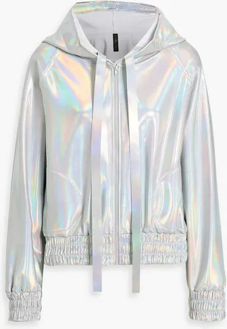 Iridescent stretch-jersey hooded bomber jacket