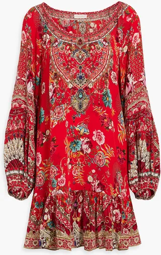 Embellished printed silk crepe de chine mini dress