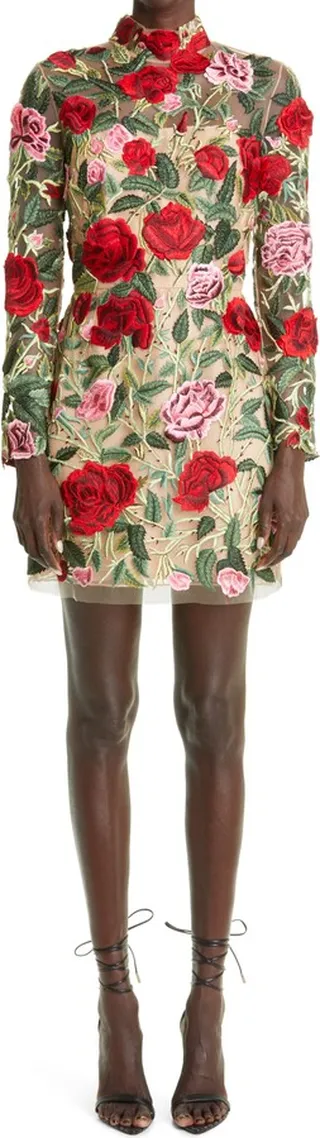 Floral Embroidered Long Sleeve Cocktail Minidress