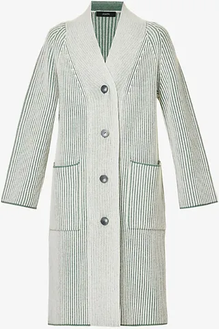 Womens Putty Combo Plated Rib-knit Merino Wool Coat