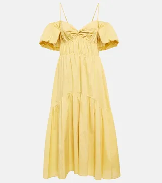 Puff-sleeve cotton midi dress