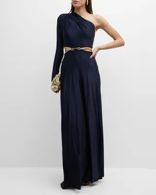 One-Shoulder Draped Cutout Gown
