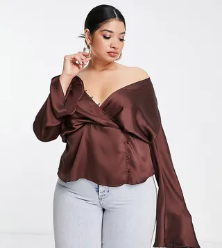 ASOS DESIGN Curve drape long sleeve top with button keyhole detail and peplum hem in chocolate