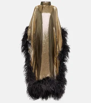 Feather-trimmed high-neck kaftan