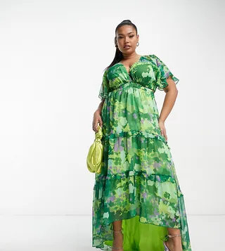 ASOS DESIGN Curve angel sleeve plunge tiered maxi dress with cut out in green blurred floral print