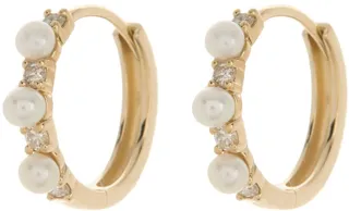 14K Yellow Gold Diamond & 2mm Freshwater Pearl Huggie Hoop Earrings - 0.14 ctw