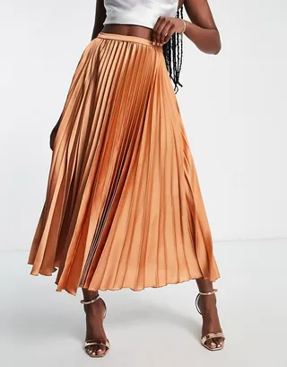ASOS DESIGN satin pleated midi skirt in tan