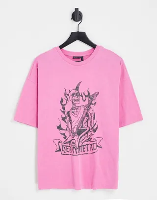 ASOS DESIGN graphic rock oversized T-shirt with Heavy Metal skeleton in pink