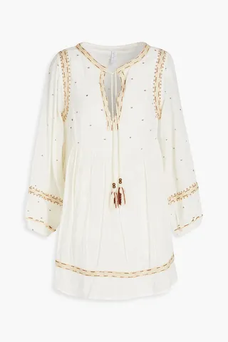 Gathered embroidered cotton-gauze mini dress