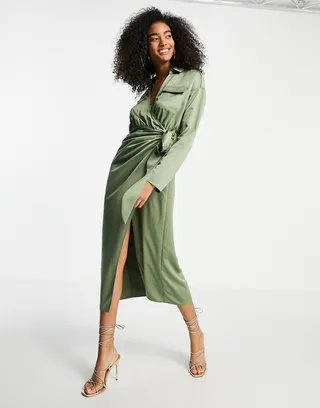 ASOS DESIGN satin collared wrap midi shirt dress in khaki