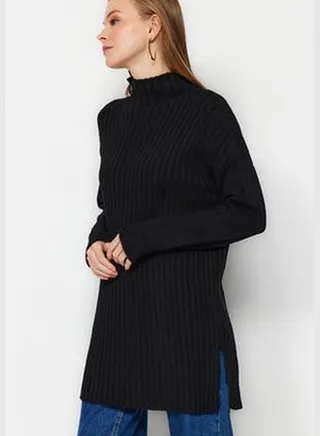 Black High Neck Ribbed Soft Textured Knitwear Sweater TCTAW24AK00013