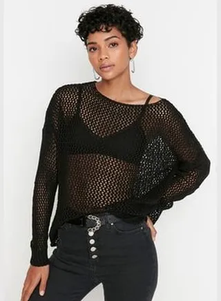 Black Super Wide Fit Cotton Openwork/Perforated Knitwear Sweater TWOAW20FV0184